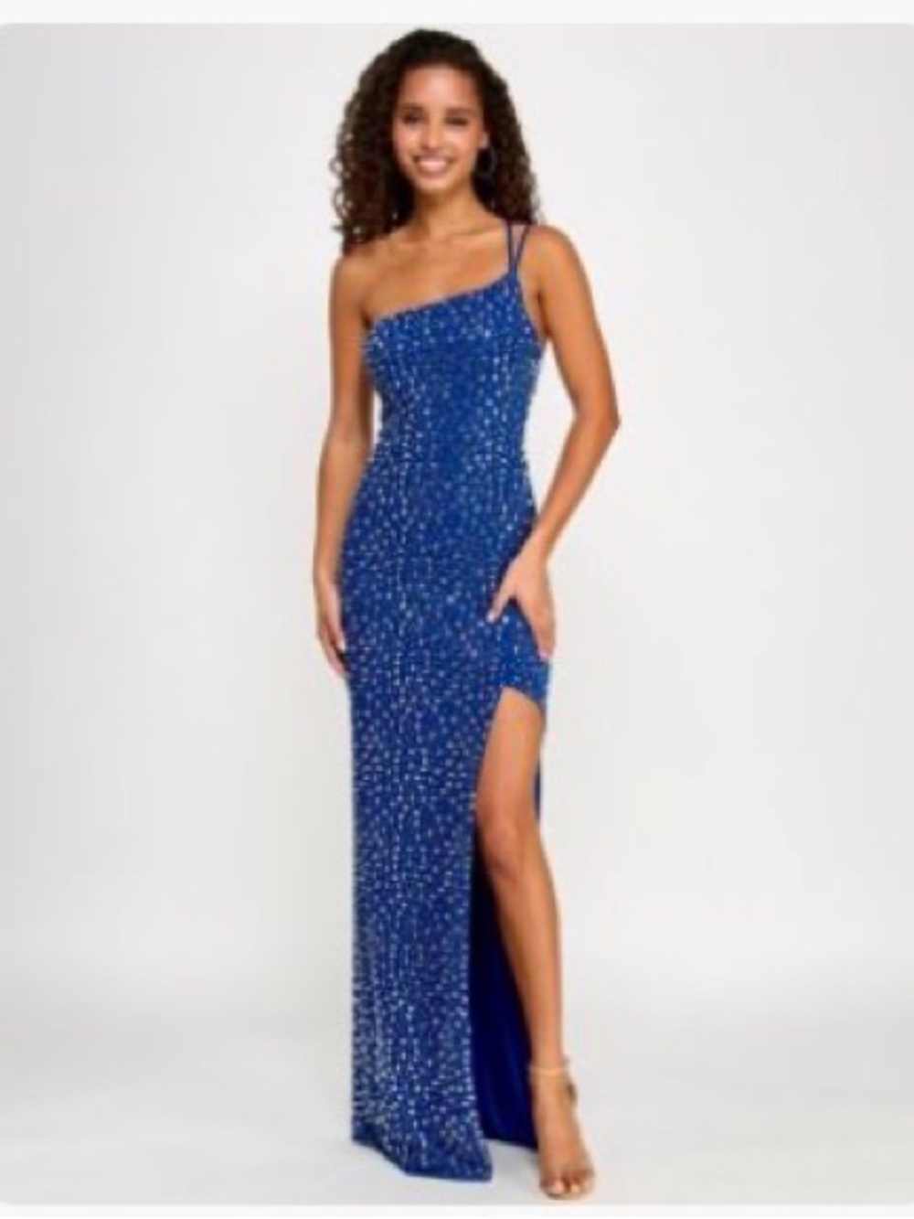 Macy's One-Shoulder Royal Blue Sequin Gown with Side Slit